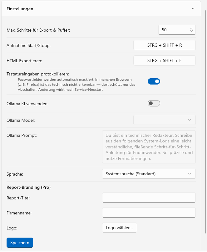 Die Einstellungen von StepSnap mit dem Schalter für die Tastaturprotokollierung